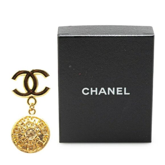 CHANEL CC Logos PARIS Round Brooch Gold Tone Pin 95A Auth w/Box #9174 - Picture 6 of 6